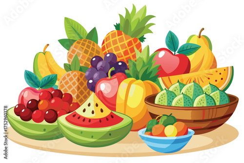 Various fresh tropical fruits arranged beautifully within bowls and on the table surface
