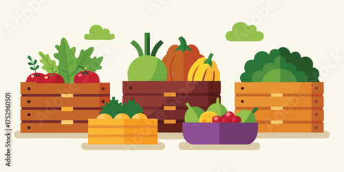 Several wooden crates and a bowl overflowing with fresh vegetables are displayed neatly