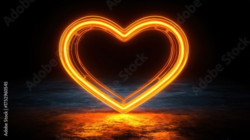 Glowing Neon Heart Symbol on Dark Reflective Surface.