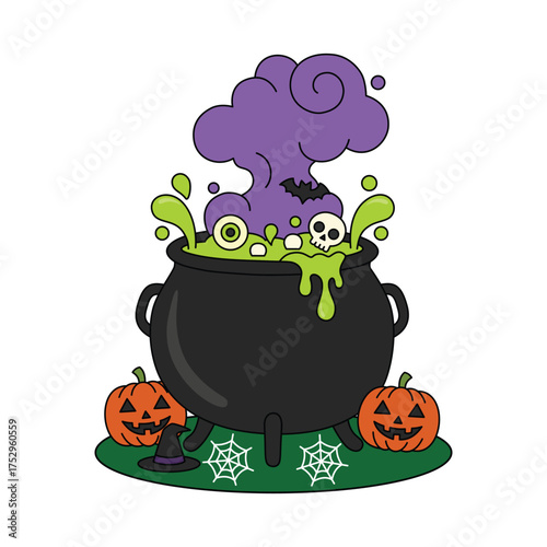 Cauldron of potion with magical bubbles and smoke. Halloween illustration perfect for design, pattern, label, web, banner, packaging, flyer, book illustration, art prints and seasonal decoration.
