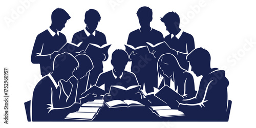 Dark blue silhouettes of a group of people reading books around a table and standing