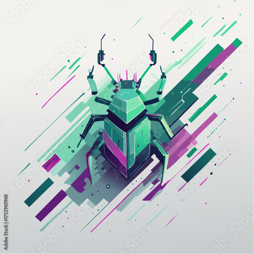Geometric Insect Illustration A Stylized, Abstract Representation of a Beetle in Green and Purple Hues