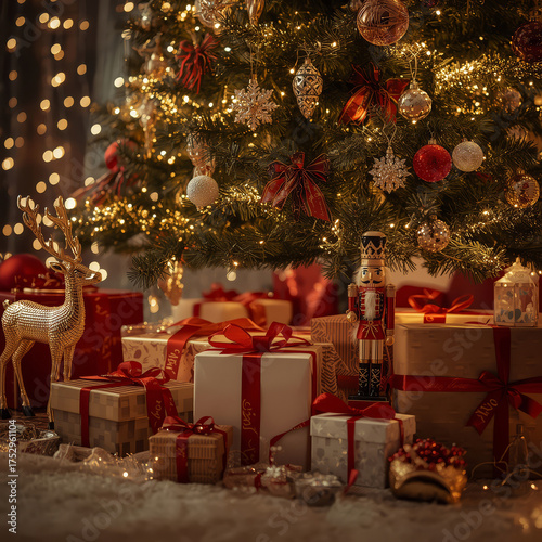 Cozy Christmas living room with decorated tree and presents