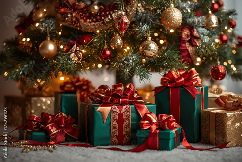 Luxury Christmas presents wrapped in red and green paper