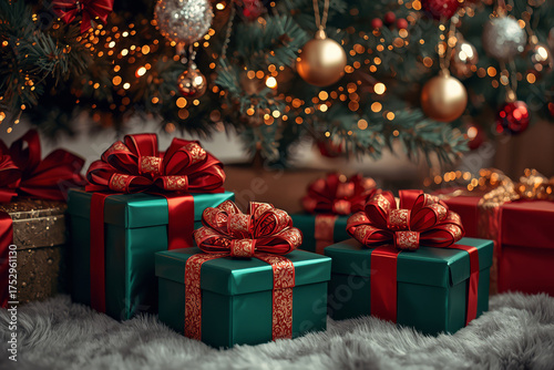 Christmas tree with glowing lights and red green gifts