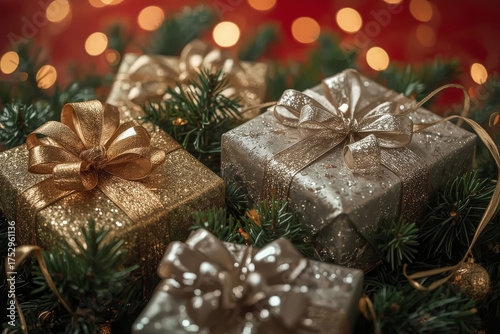 Close-up of luxury Christmas gifts with golden ribbons