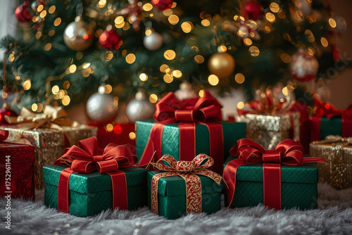 Luxury Christmas presents wrapped in red and green paper