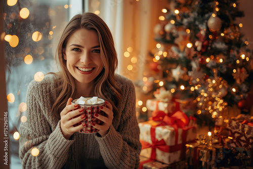 Smiling woman in cozy sweater holding hot chocolate mug