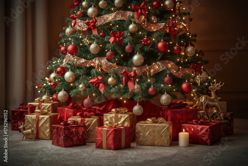 Beautiful Christmas tree surrounded by wrapped gifts