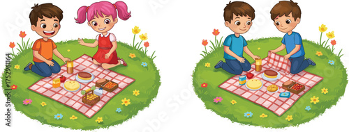 Children having picnic, kids sharing food outdoors, friends sitting on blanket, happy childhood bonding, summer activity, family fun, outdoor meal, friendship