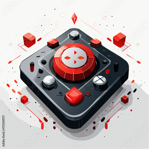 Futuristic digital console with a central dial and controls, representing an abstract technology interface concept on a white background