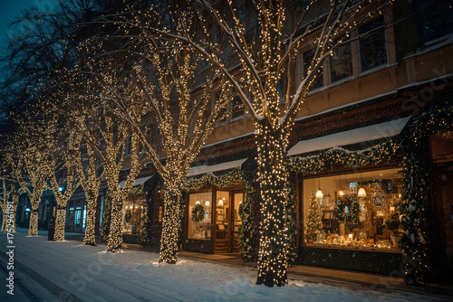 Festively decorated winter street with Christmas lights