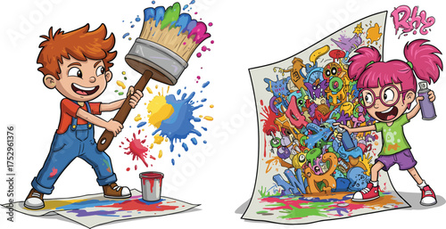 Children painting creative artwork, colorful splashes, spray paint, fun activity, childhood imagination, artistic expression, playful illustration, happy kids, creativity, art