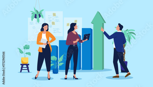 Successful business team of people analyses a rising bar chart with a large upward arrow, symbolising market growth and financial success in a flat design vector illustration