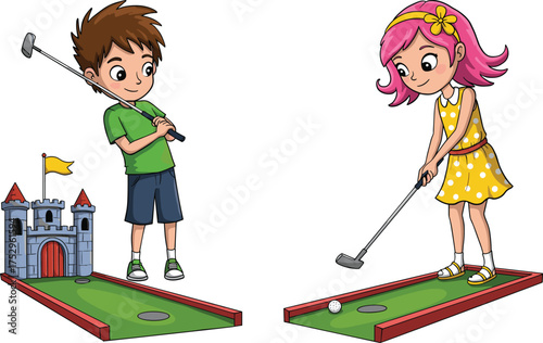 Children playing miniature golf, boy holding golf club, girl putting ball, fun outdoor activity, colorful mini golf course, family recreation