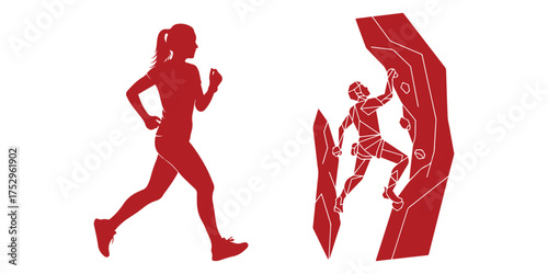Red silhouette of a woman running and a person rock climbing on white background vector