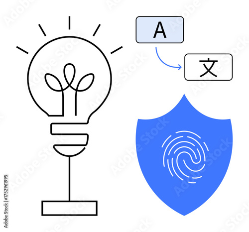Lightbulb for innovation, translation process with language symbols, fingerprint on shield for cybersecurity. Ideal for technology, innovation, translation, security, creativity, education