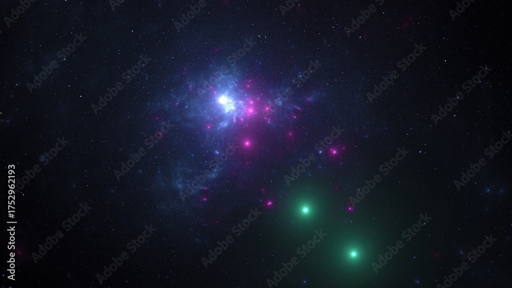 Naklejka premium Bright clusters of stars and vibrant nebulae illuminate the dark expanse of space. Colored lights create a stunning display against the backdrop of the universe. 3d render