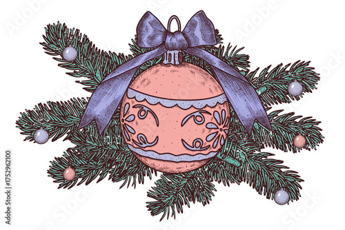 Hand drawn Christmas decoration with Christmas pink ball, purple bow, fir branches. Vector illustration