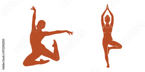 Silhouette of a dancer leaping and a woman in yoga tree pose female