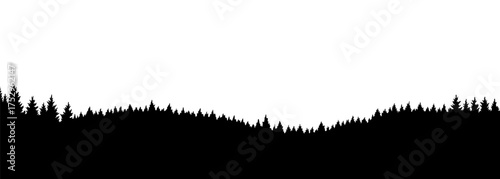 Mountains silhouettes landscape background. Rocky panorama with mountains skyline and pine tree forest. Scenery with slopes, vector cartoon illustration