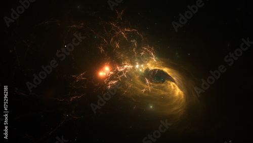 In a vibrant display of color, a cosmic event unfolds, revealing bright gas and shimmering stars surrounding a central black hole in the vastness of space. 3d render