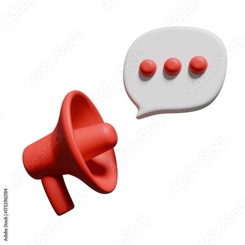 red megaphone appears next to a speech bubble featuring three dots, representing communication and discussion in a modern digital context. 3d render