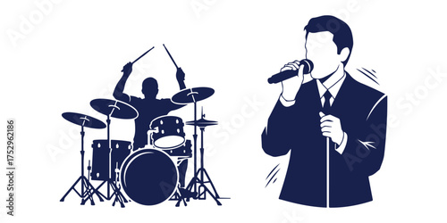 Silhouette of a drummer playing drums and a singer holding a microphone drum kit cymbals