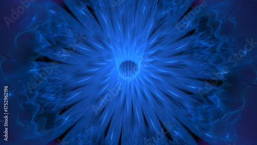 striking blue abstract scene showcases a radiant vortex surrounded by dynamic energy patterns, creating a captivating visual experience filled with depth and movement. 3d render