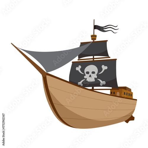 Stylized cartoon pirate ship illustration with black sails. Cute vector icon. Pirate Ship sailing on water