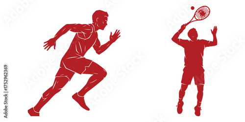 Red silhouette of a runner and a tennis player in action on white background running