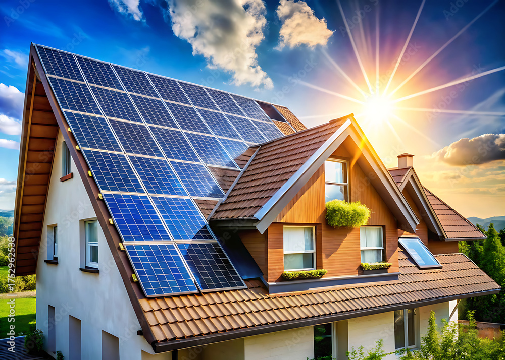 Fototapeta premium Modern house with solar panels on the roof, generating clean energy from the sun