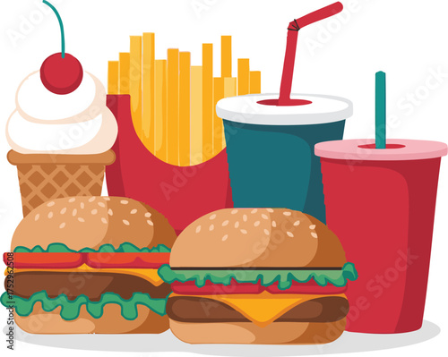 Colorful illustration showcasing a variety of fast food items arranged together