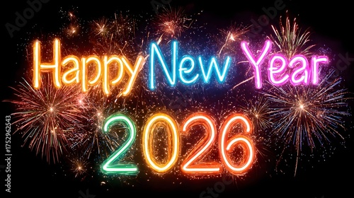 Vibrant neon glowing “Happy New Year 2026” text in rainbow colors with fireworks and confetti on dark festive background