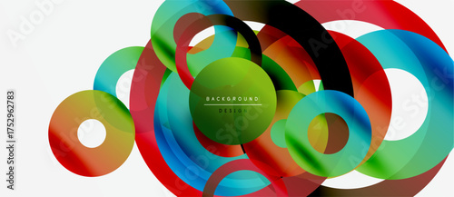 Abstract colorful circles overlap creating dynamic composition. Modern design elements suggest movement, energy, vibrancy.