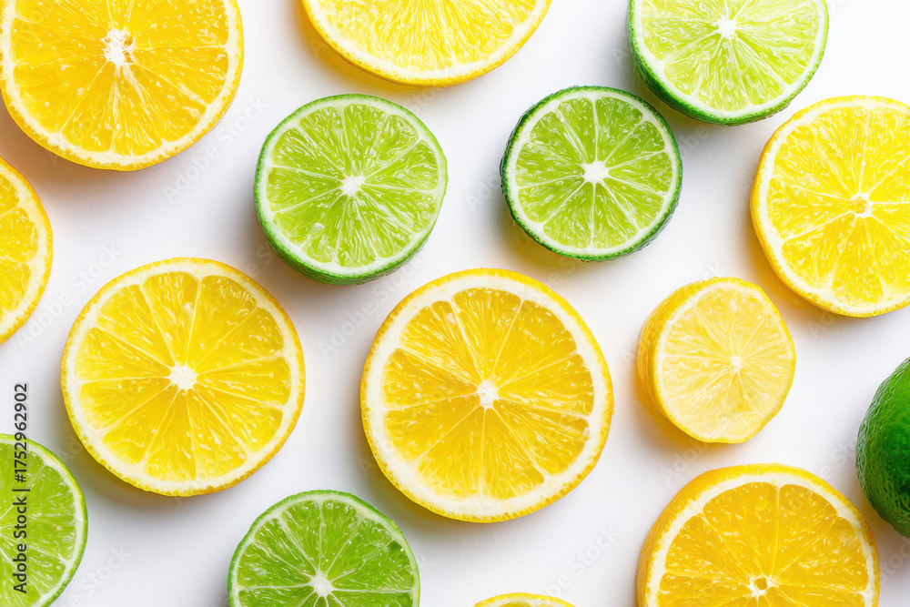 Fototapeta premium Fresh lemon and lime slices on white background