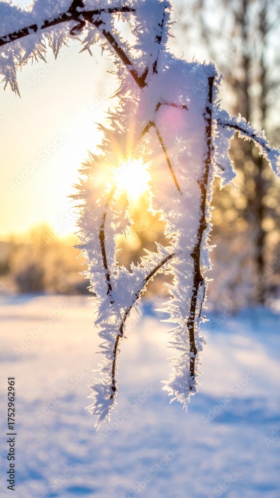 Obraz premium frozen twigs in hoarfrost glisten in the sun. winter landscape with sun flare
