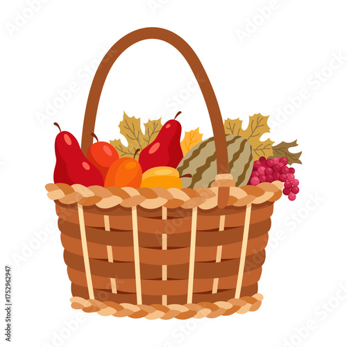 Basket autumn harvest icon. Grocery products in eco basket. Fresh organic healthy vegetarian food. Wicker baskets with autumn harvest of fruits isolated on white