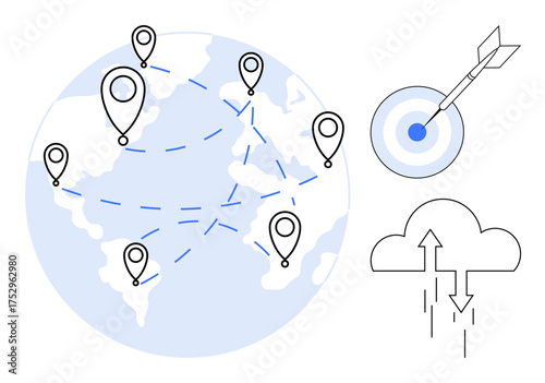 Earth with location markers connected by dashed lines, target board with arrow in center, cloud with uploading arrows. Ideal for global strategy, cloud computing, logistics, network, data sharing