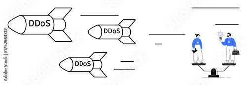 Missiles labeled DDoS aimed at team collaborating on balancing a scale, symbolizing defense against cyber attacks. Ideal for cybersecurity, online threats, IT defense, teamwork, balance, risk