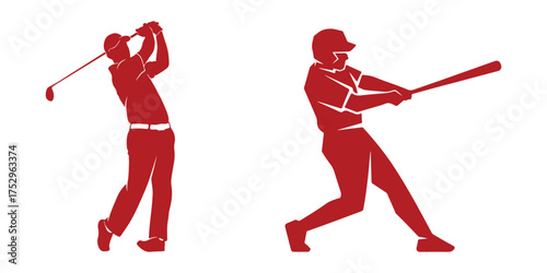 Silhouettes of a golfer swinging and a baseball player batting in red on white background