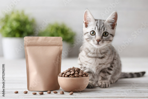A cute grey tabby kitten with a bowl of dry food and a blank packaging mockup. Pet food advertising concept on a white wooden background.
