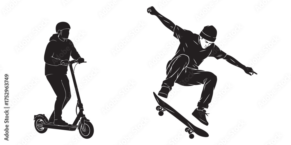 Fototapeta premium Silhouettes of Scooter Rider and Skateboarder Performing Trick on White Background Keywords: scooter, skateboard, skateboarder