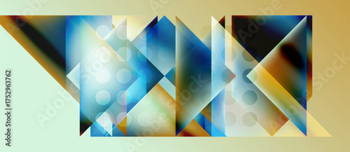 Abstract geometric composition. Triangles, rectangles overlap, creating vibrant color gradients. Light effects enhance visual complexity.