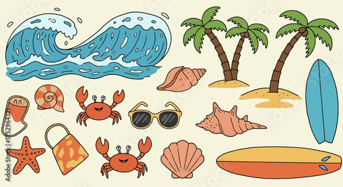 Fun summer beach doodles with waves, palm trees, crabs, and surfboards