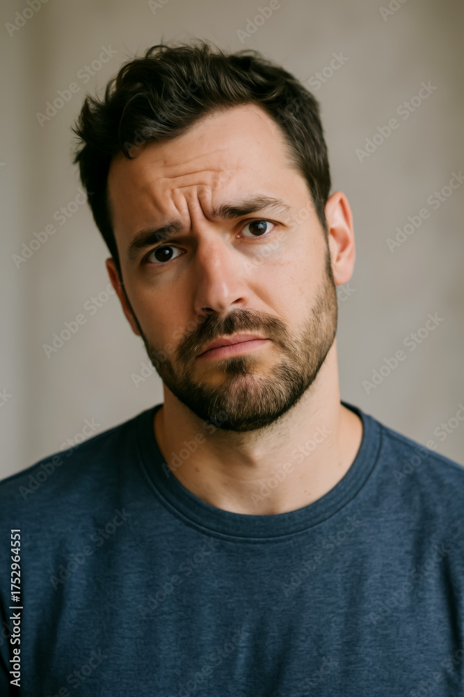 Fototapeta premium Young man with serious expression looking directly at camera