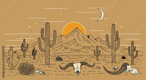 Monochrome Line Art Depicting a Desert Landscape with Skulls and Cacti