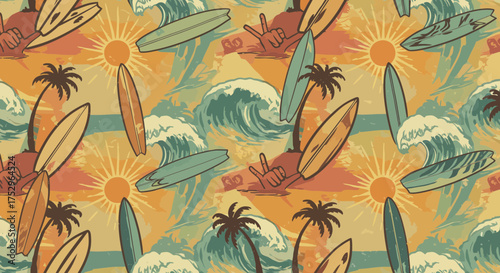 Retro summer surf pattern featuring surfboards, palm trees and waves illustration