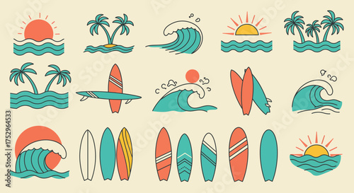 Retro summer vibes seamless pattern with surfing elements for a tropical getaway