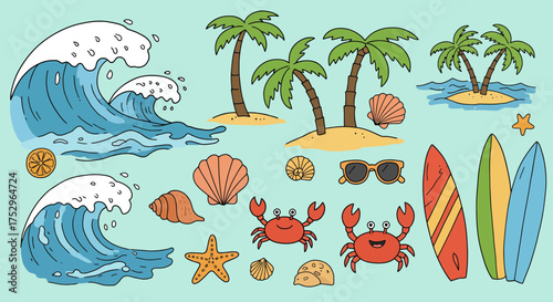 Tropical summer doodle set featuring waves, palm trees, and sea creatures illustration
